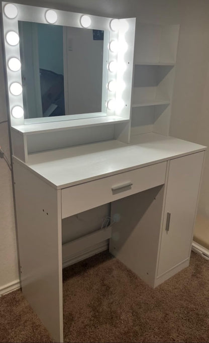 Vanity Desk with Mirror & Light, Large Drawer Three Level Storage Dresser, 3 Lighting Modes Adjustable Brightness, Bedroom Dressing Table(Pink) image 5