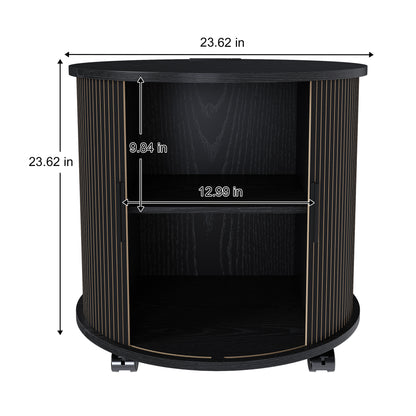 Set of 2 Mid Century Modern Cylinder End Table with Built-in Charging Station & Sliding Door, 2-Tier Storage Round Nightstand with USB Ports, Bedside Table for Living Room, Bedroom, Entryway-Black image 9