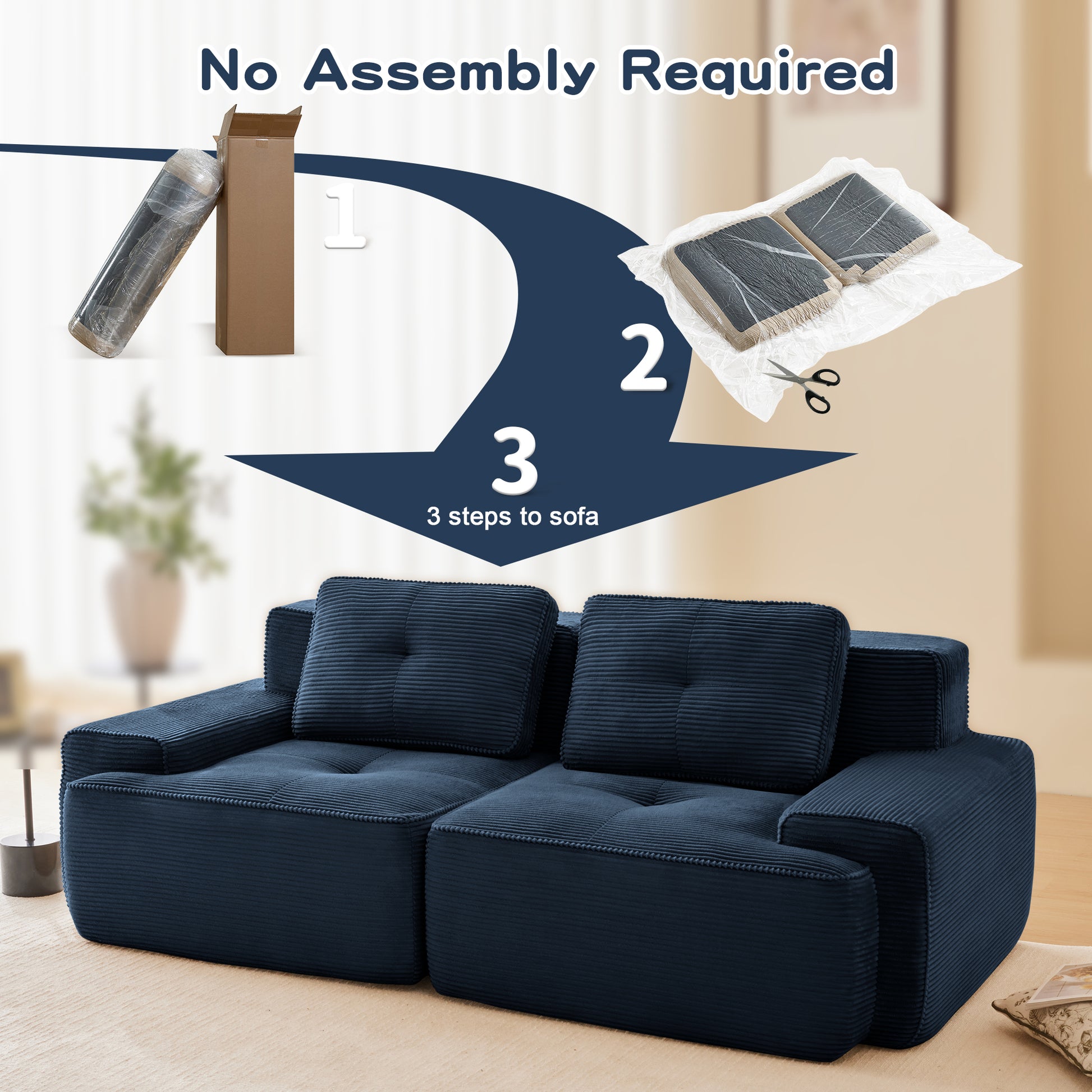 82" Modern L-Shaped Modular Sectional Sofa for Living Room, Corduroy Fabric, 2-Seater Couch with Deep Seat, Pearl-like piping, Tufted Design, No Assembly, Anti-slip Design​, Blue image 5