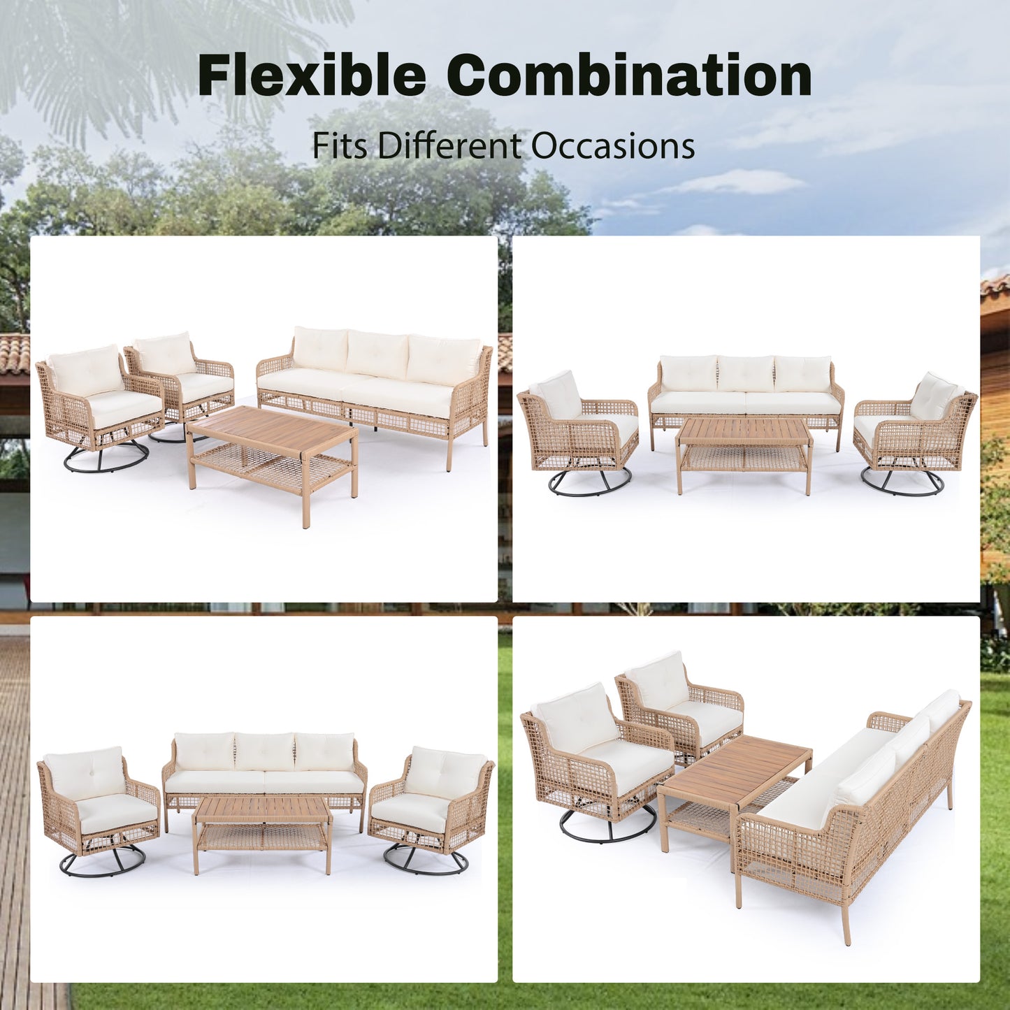 <Old SKU: N704G201247A> 4 Pieces Patio Furniture Set with Swivel Chairs, Outdoor Wicker Sofas for 5-person, Sectional Rattan Outdoor Conversation Set for Poolside Backyard Deck, Beige image 5