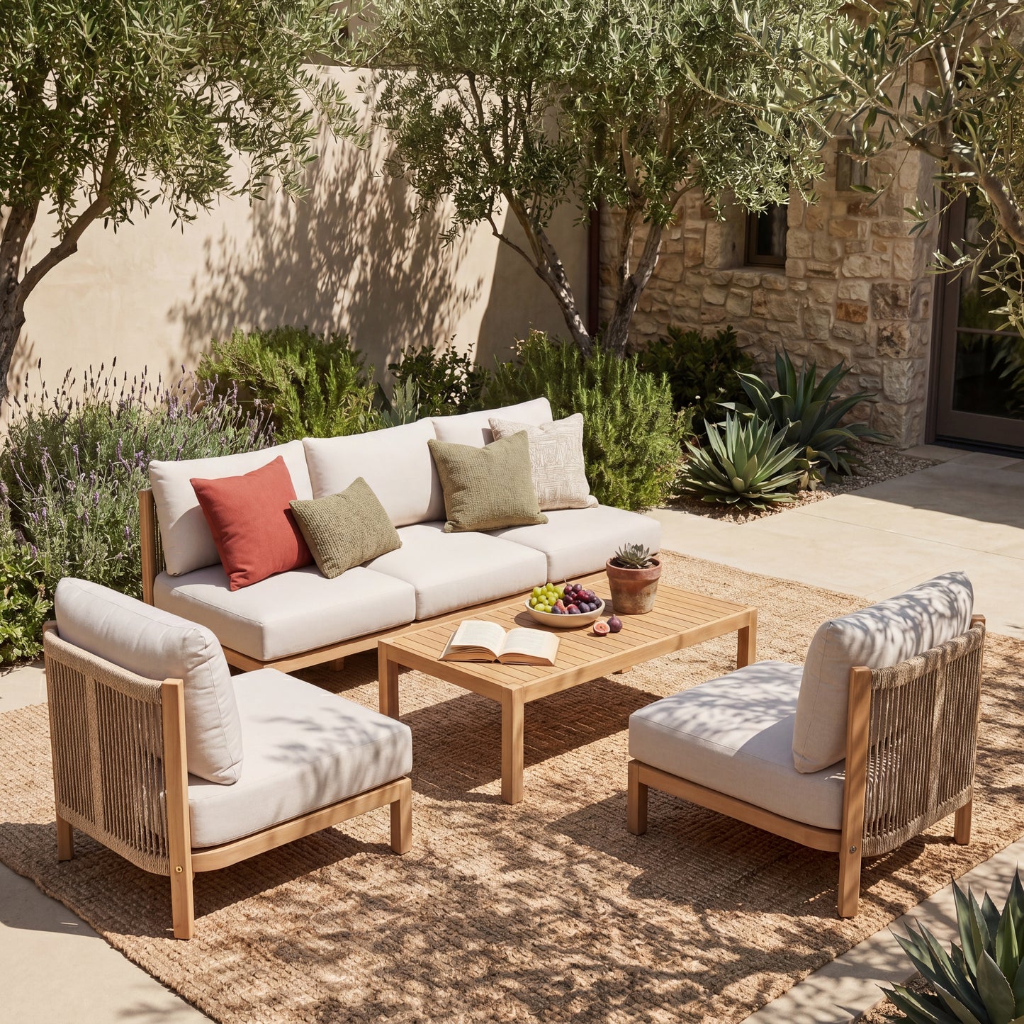 4 Piece Set Acacia wood Outdoor Sofa Set, outdoor rope-woven chair, deep seat design with soft cushion, suitable for porches, gardens, backyards, and balconies (Light Teak + Beige Rope + Beige Cushion image 1