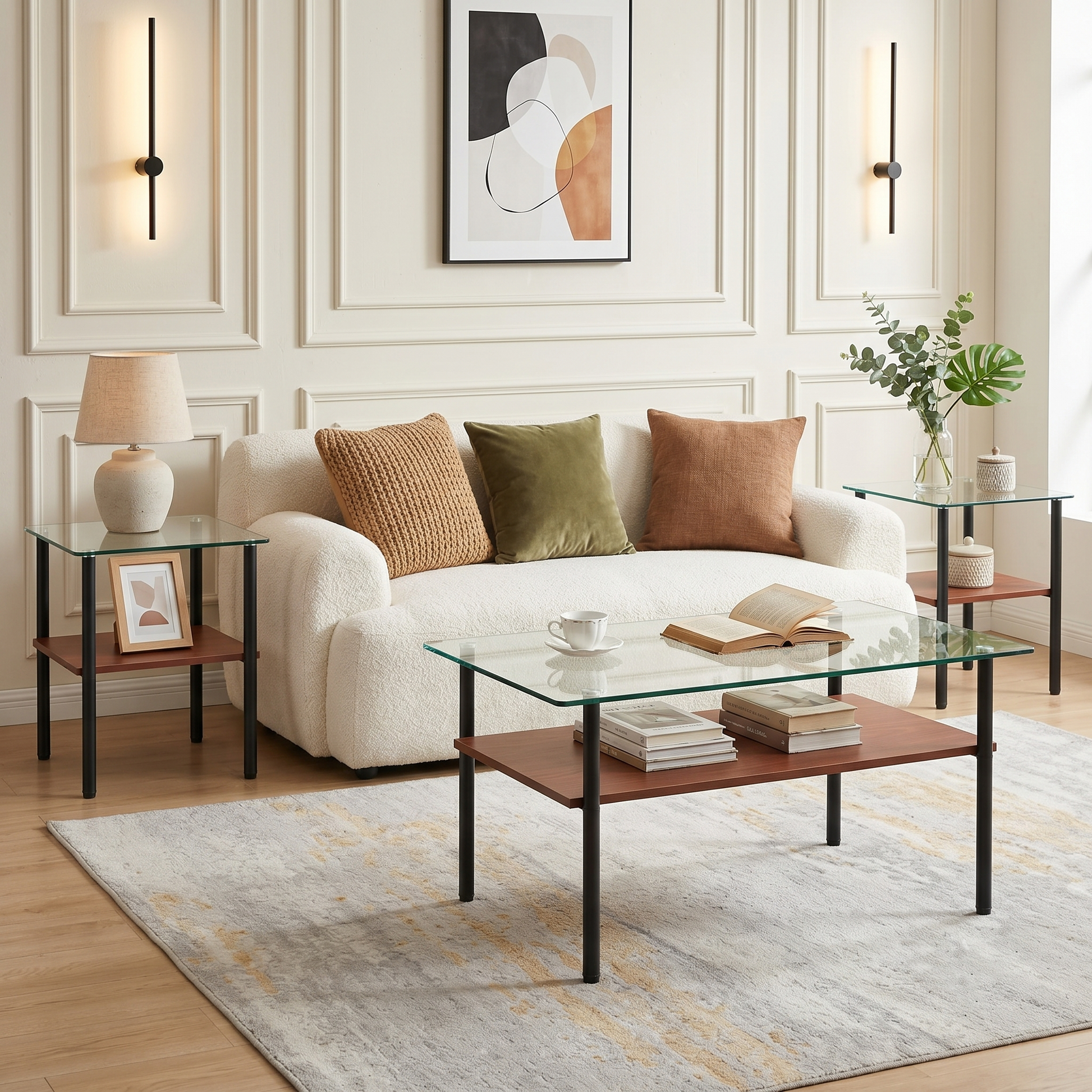 Coffee Table and End tables Set of 3,Modern glass coffee table for living room, rectangular tempered glass top, black metal legs with wooden shelf. Easy to clean, stylish center table image 1