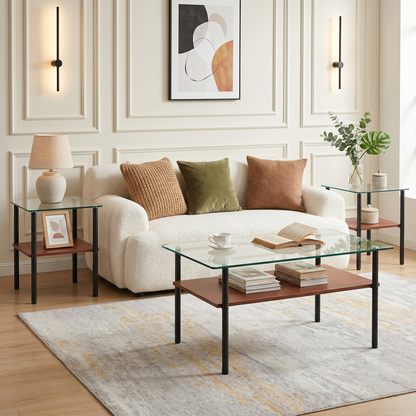 Coffee Table and End tables Set of 3,Modern glass coffee table for living room, rectangular tempered glass top, black metal legs with wooden shelf. Easy to clean, stylish center table image 1