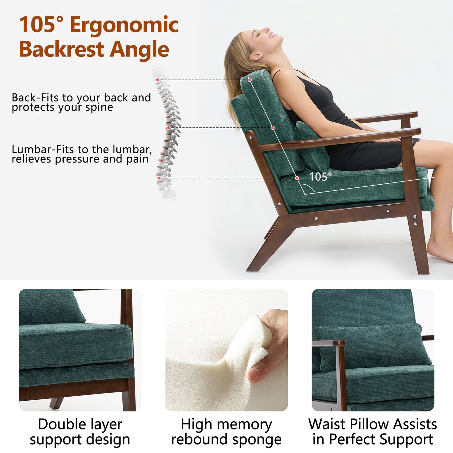 Mid-Century Modern Lounge Chair Single, Living Room Chair with Lumbar Pillow and Straight Wood Armrests, Accent Chair for Living Room, Bedroom, Indoor, Green image 5