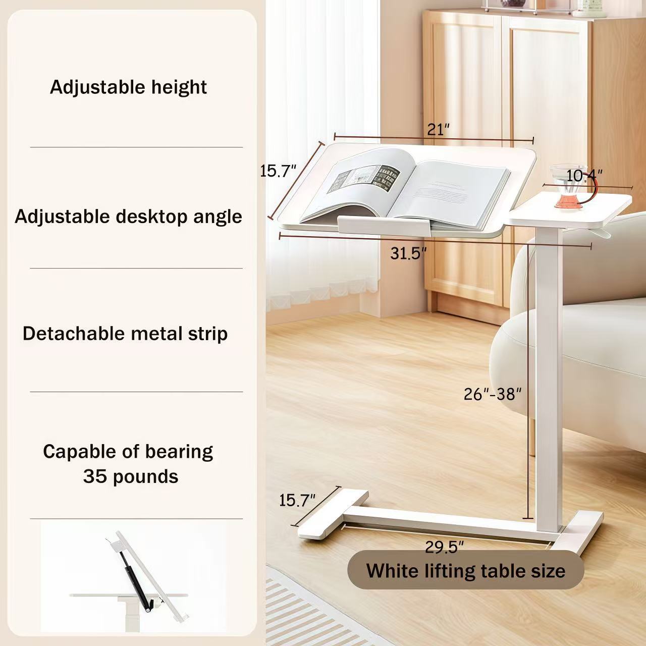 (UPGRADED) Overbed Bedside Desk, Mobile Rolling Laptop Stand Tilting Overbed Table with Wheels, Height Adjustable Tray Bedside Table for Laptop Bed Sofa, WHITE image 7