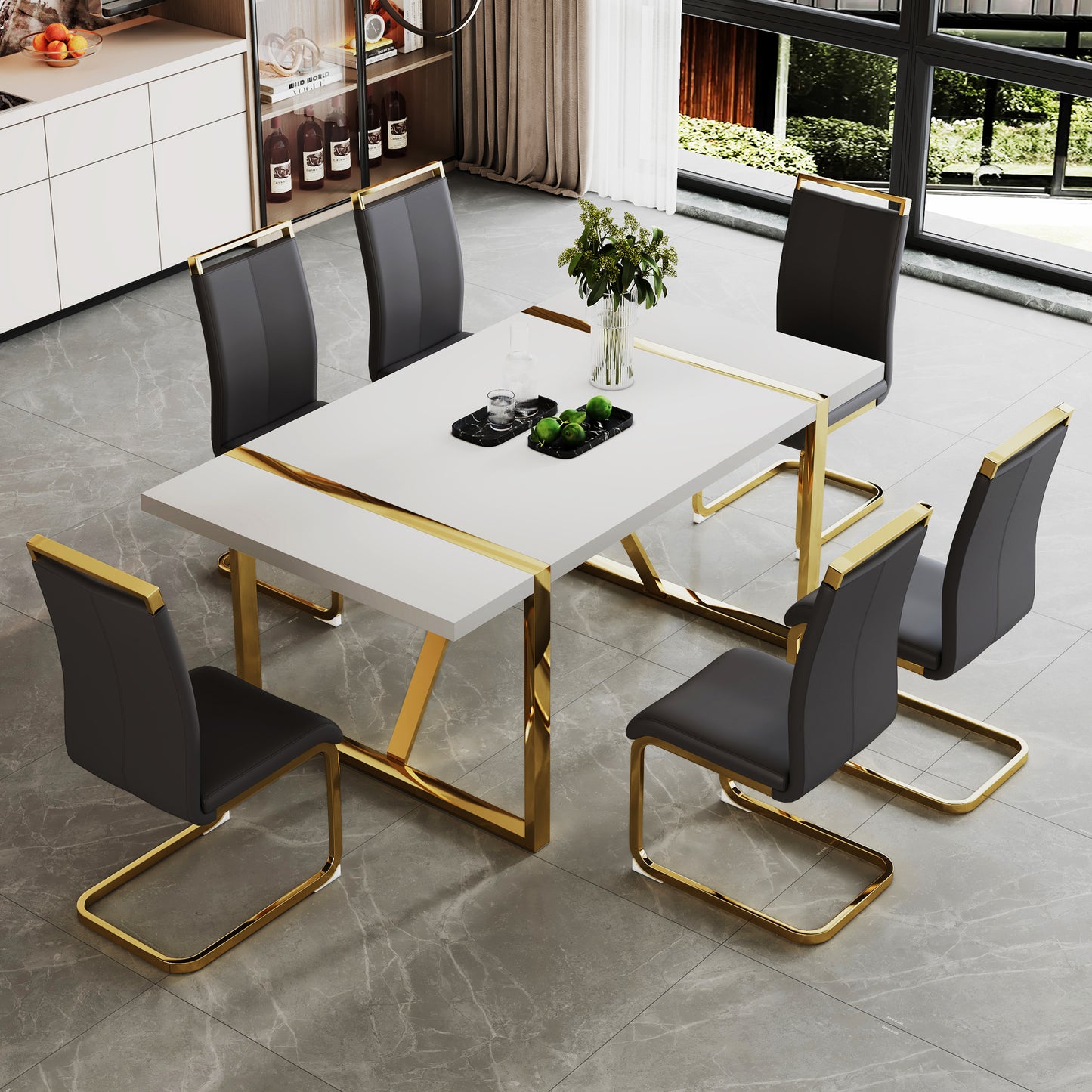Industrial rectangular MDF material white dining table, equipped with a 2.3-inch thick tabletop and golden metal legs, used for writing desks, restaurants, and living rooms71"*39.3"*30" image 11