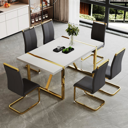 Industrial rectangular MDF material white dining table, equipped with a 2.3-inch thick tabletop and golden metal legs, used for writing desks, restaurants, and living rooms71"*39.3"*30" image 11
