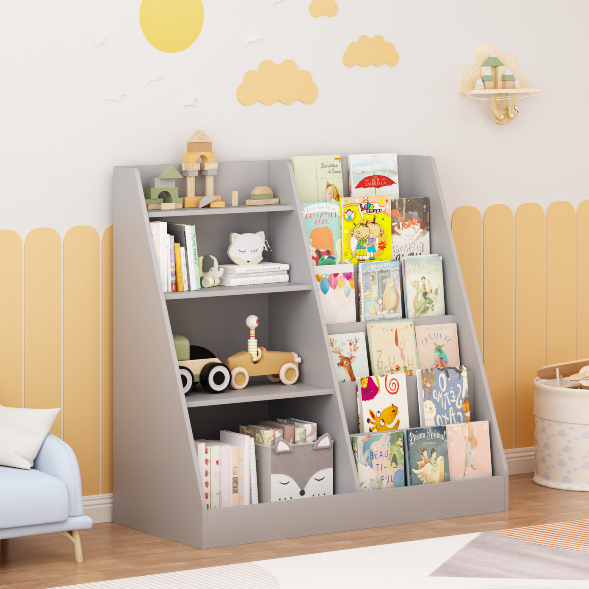 Kids Bookshelf and Toy Storage Organizer, Multifunctional 4 Tier Wooden Kids Book Shelf with Bookcase Display Stand in Kids Room Playroom Nursery for Kids, Children, Toddlers (Gray) image 1