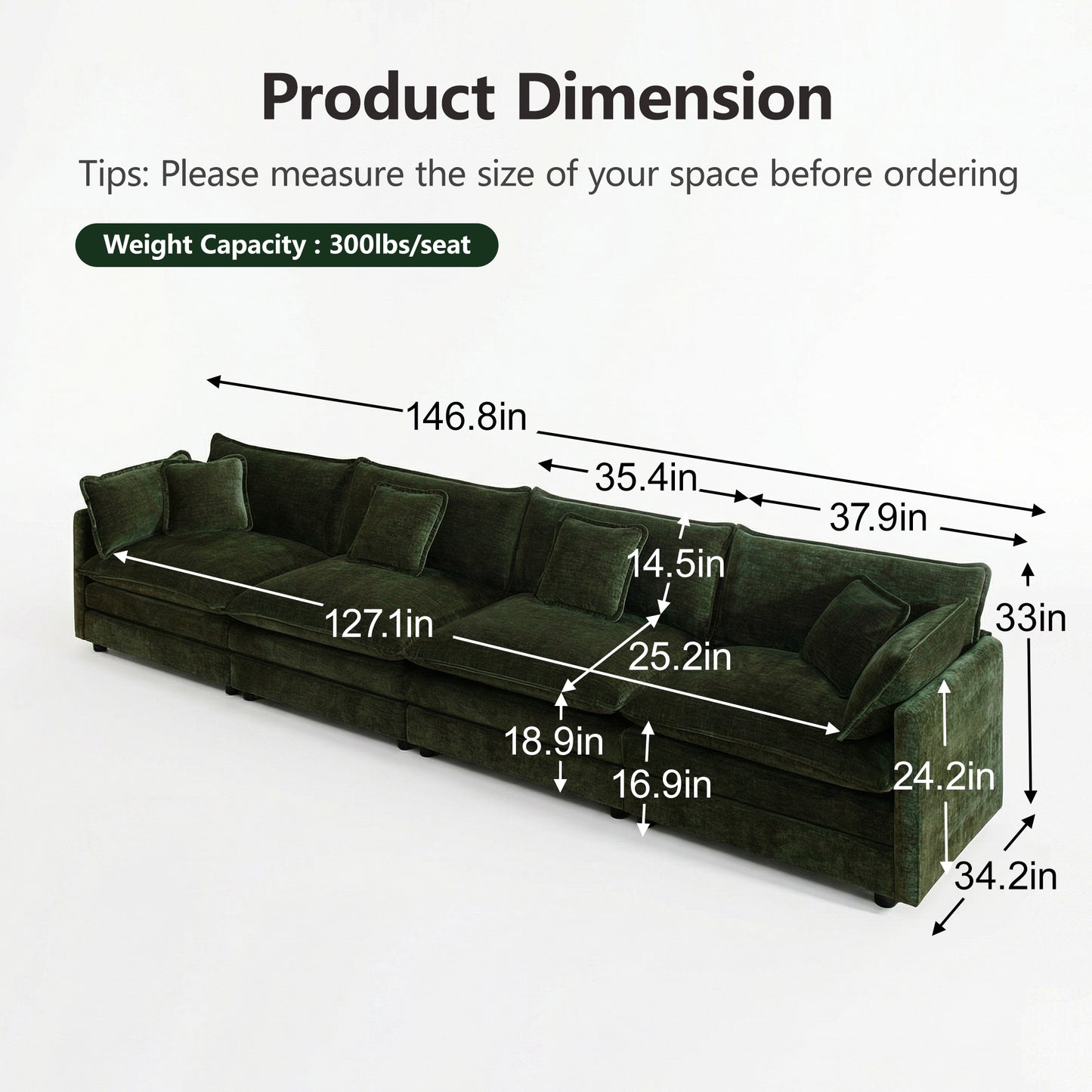 Free Combination Modular Sofa Free,4 Seater Sofa Comfy Chenille Fabric,Sectional Sofa Couch,Green Chenille image 5