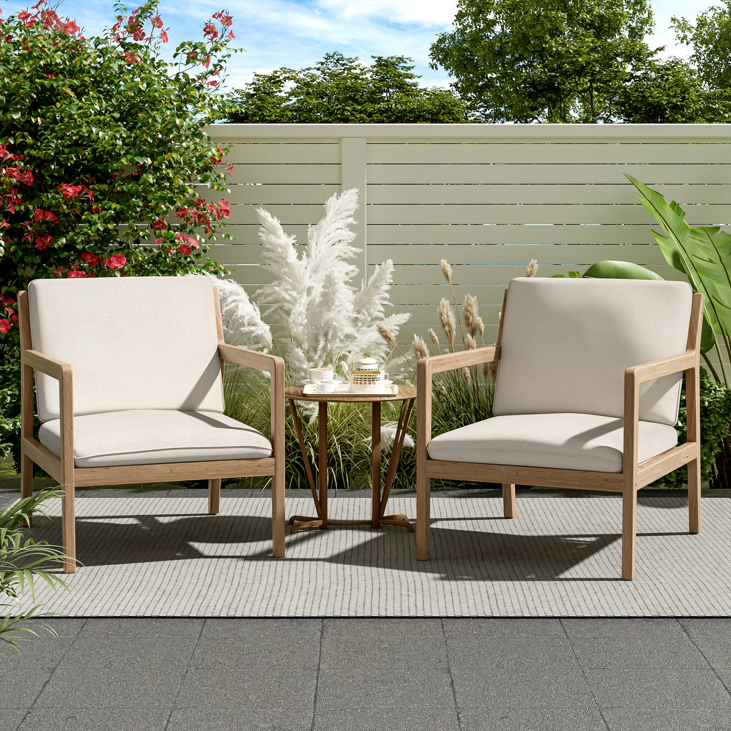 Outdoor Acacia Wood Armchair, Set of 2, Patio Club Chair with Cushions, Light Teak image 1