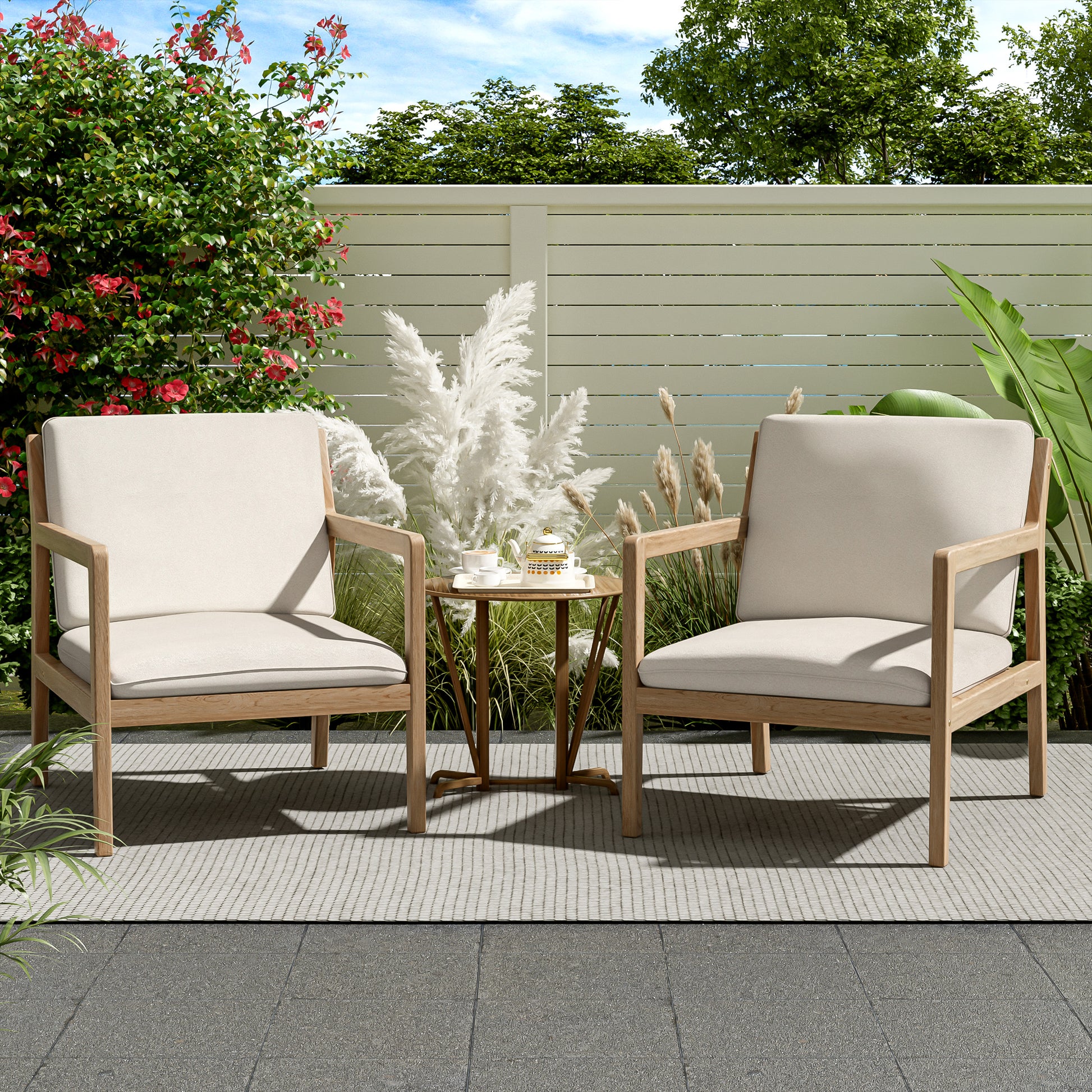 Outdoor Acacia Wood Armchair, Set of 2, Patio Club Chair with Cushions, Light Teak image 1