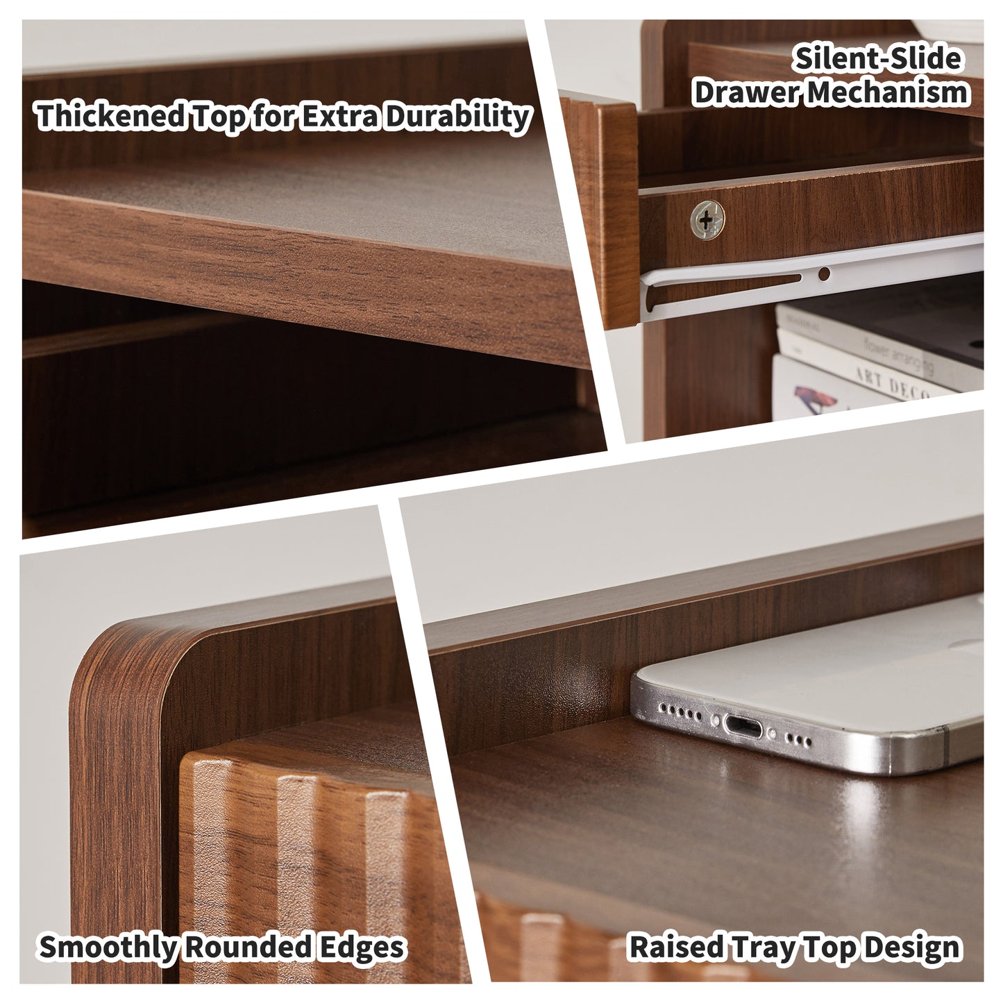 Walnut Brown Fluted Wood Nightstands with Drawer and Open Storage, 2 Pack Modern Bedroom Bedside Side End Tables for Living Room Home Decor image 7