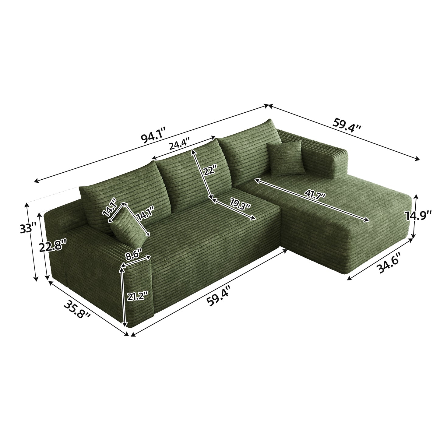 95" Cloud Sectional Sofa,Modern Minimalist Upholstered Couches, Comfort U Shaped Sofa for Living Room,Deep Seat Corner Couch,No Assembly Required,Green((Plush Corduroy Fabric) image 5