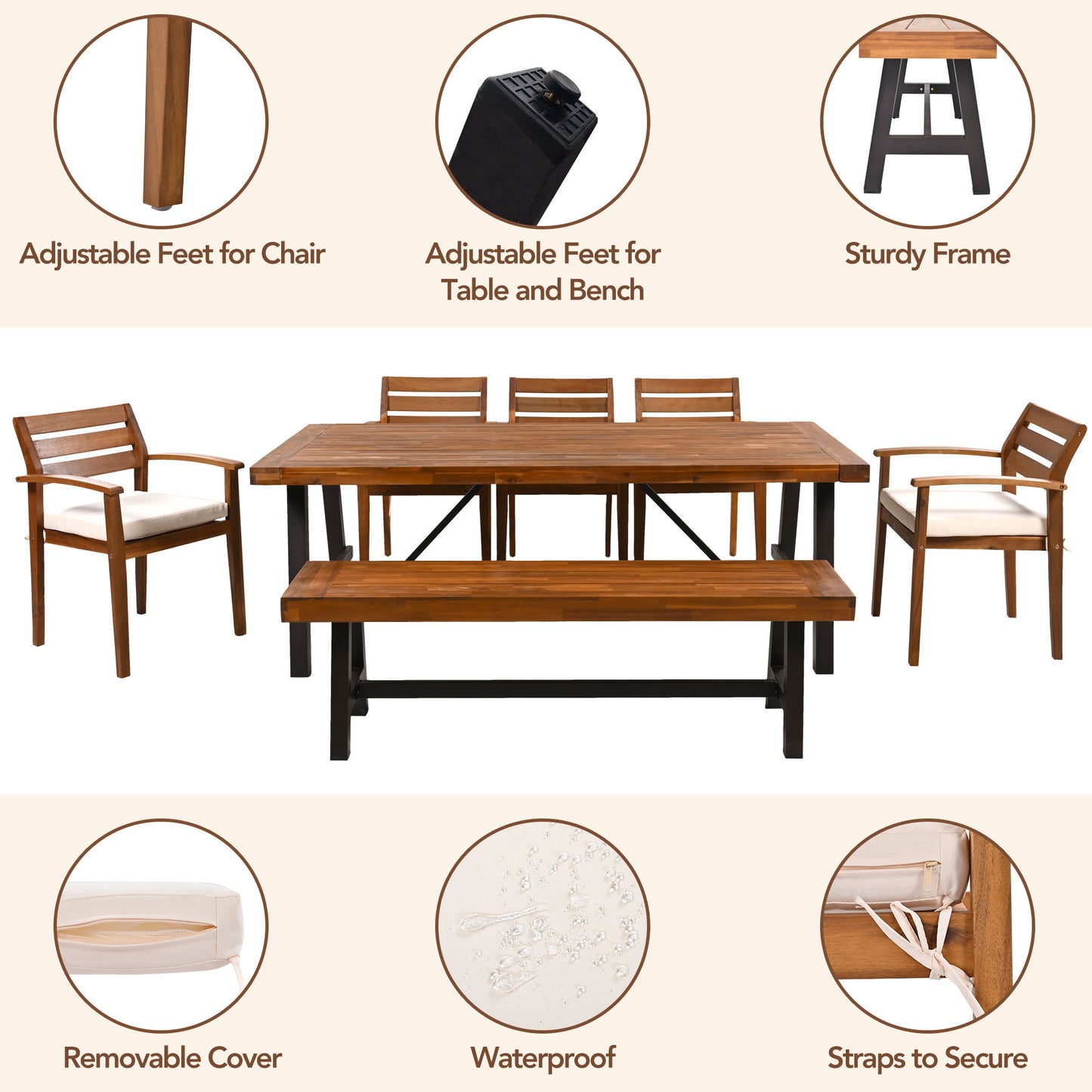 GO Outdoor Wood Dining Set For 7-8 Person, Outdoor Dining Furniture With Removable Cushions, Ergonomic Chairs And Bench, Thicker Table, Nature image 7