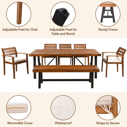 GO Outdoor Wood Dining Set For 7-8 Person, Outdoor Dining Furniture With Removable Cushions, Ergonomic Chairs And Bench, Thicker Table, Nature image 7