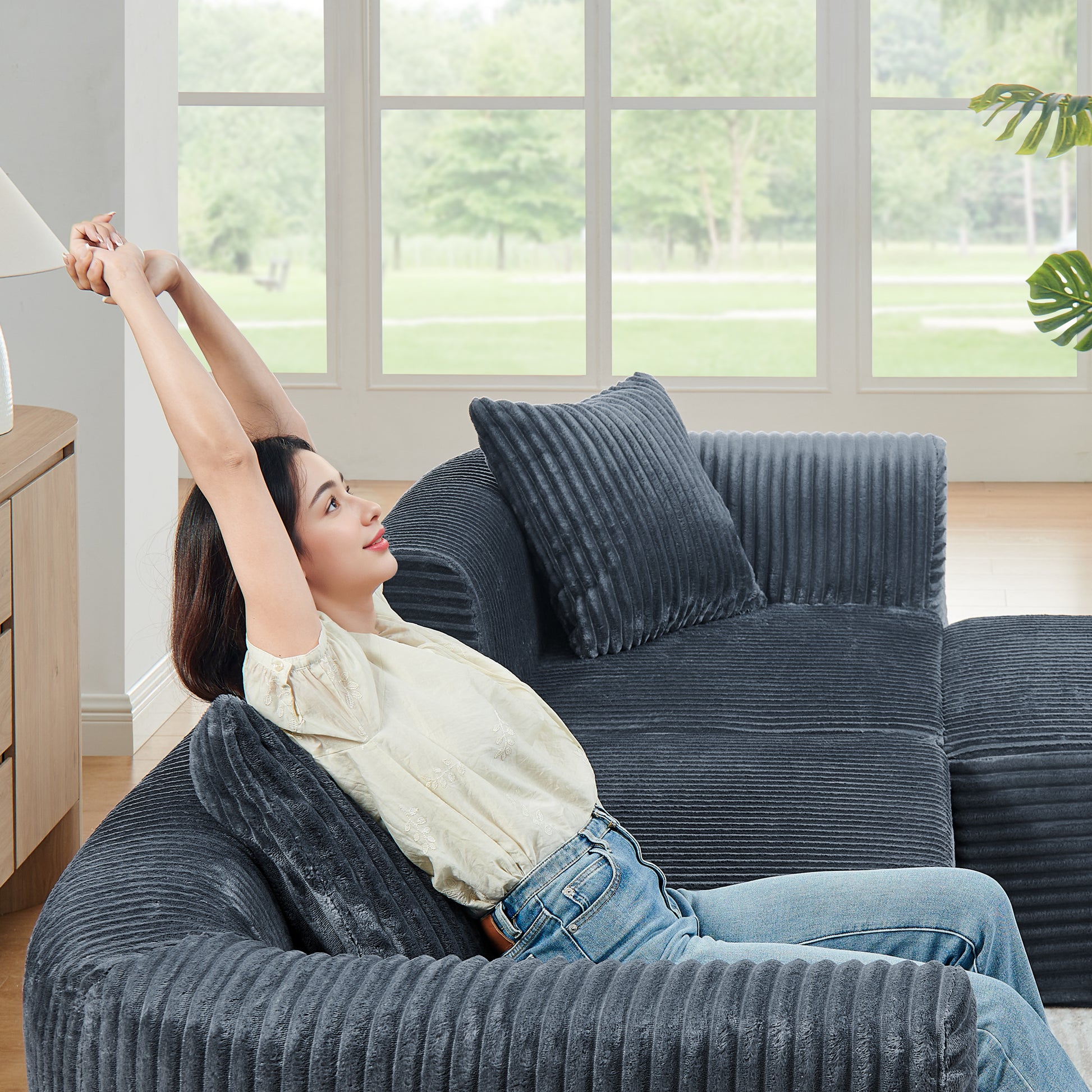 114" Cloud Sectional Couch with L-Shape Chaise, Modular Sofa with Movable Ottoman, Upholstered Couches for Living Room Bedroom, No Assembly Required, Grey image 8