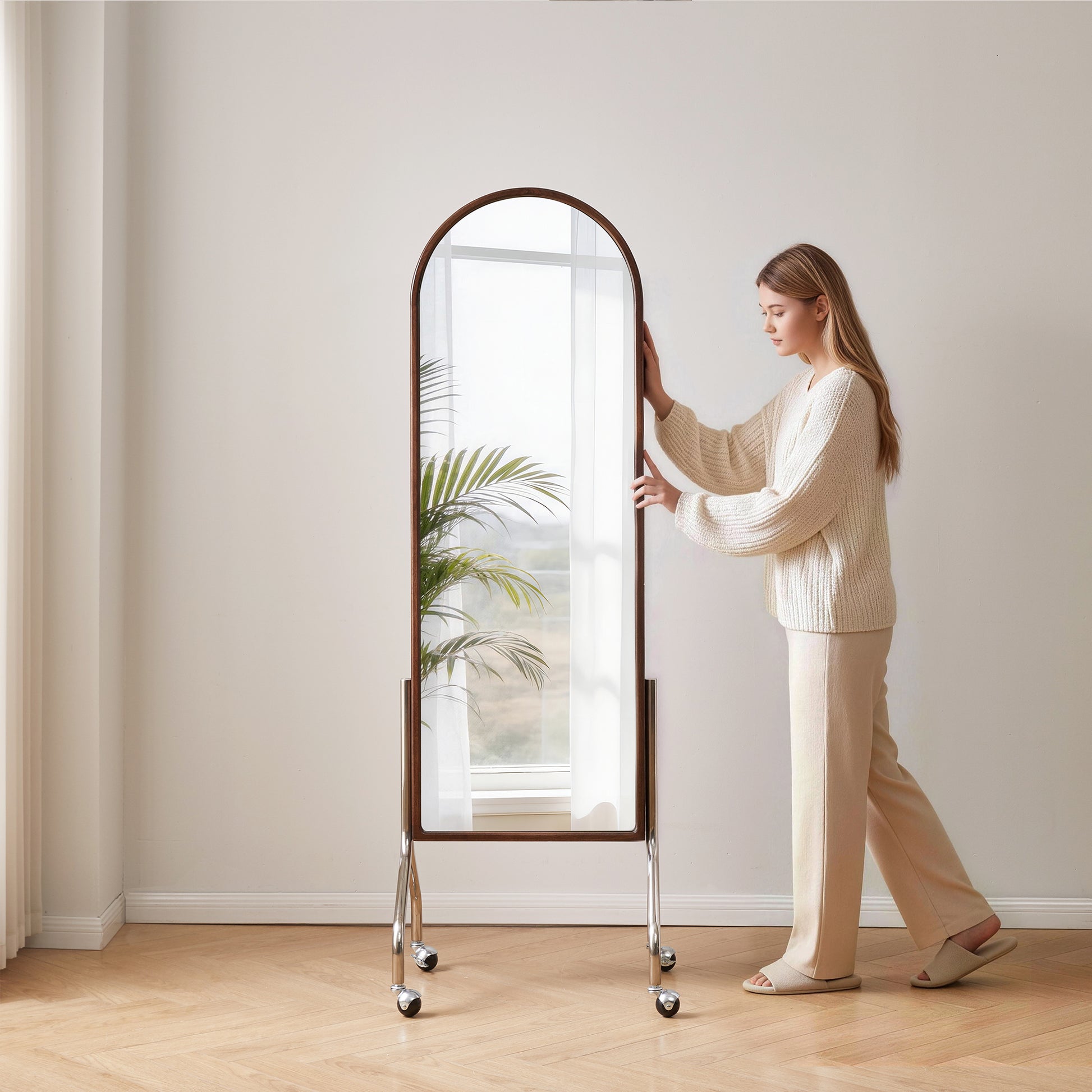 Arched Full Length Mirror with Storage Shelves & Wheels, Rubber Wood Frame Floor Mirror, Freestanding Rolling Mirror with Cart, 2-in-1 Dressing Mirror & Bookcase for Bedroom Living Room image 4