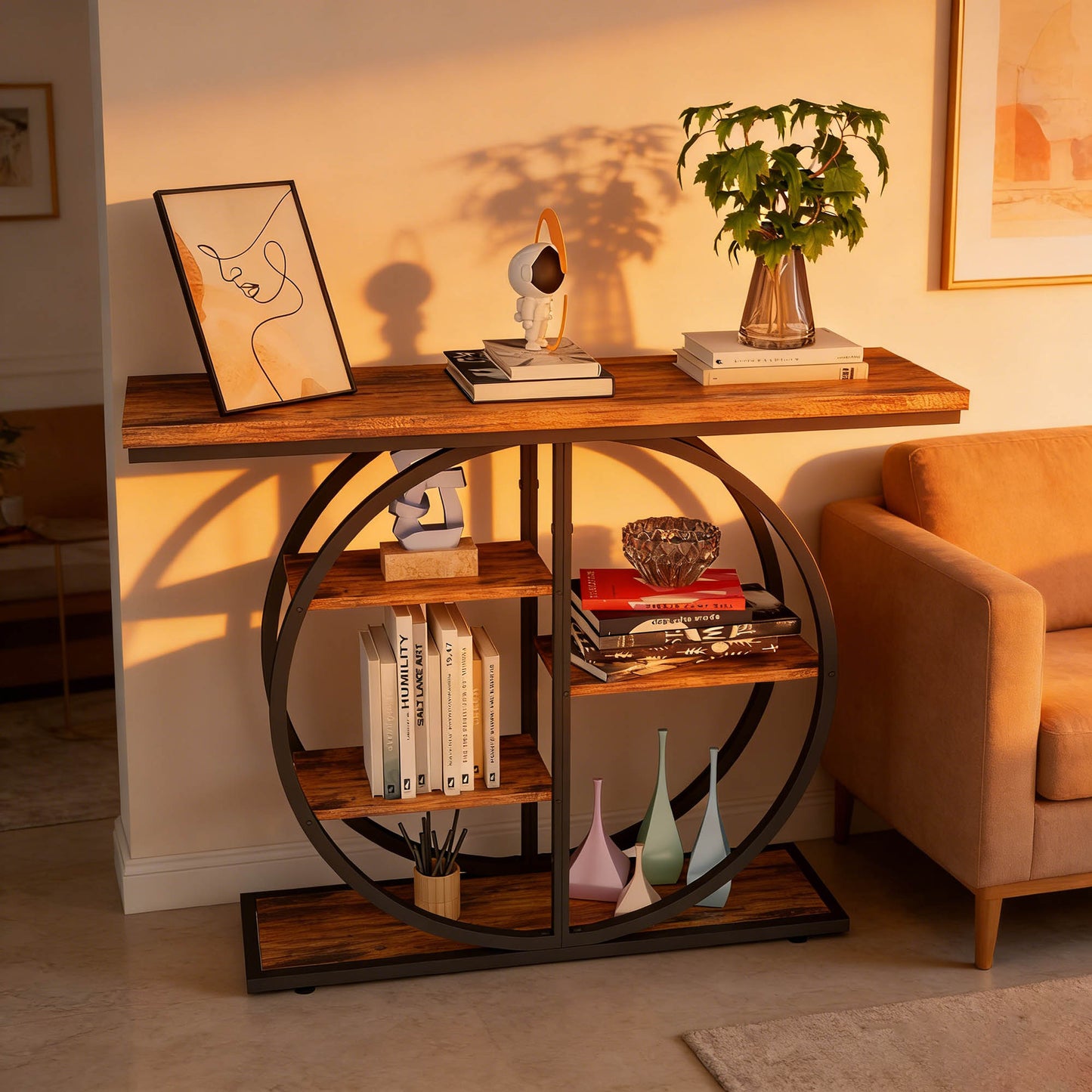 41.3 Inch Industrial Console Table for Entryway, Narrow Sofa Table with Storage Shelves & Circle Base, Rustic Brown Accent Furniture for Hallway, Foyer, Entrance, Living Room image 2