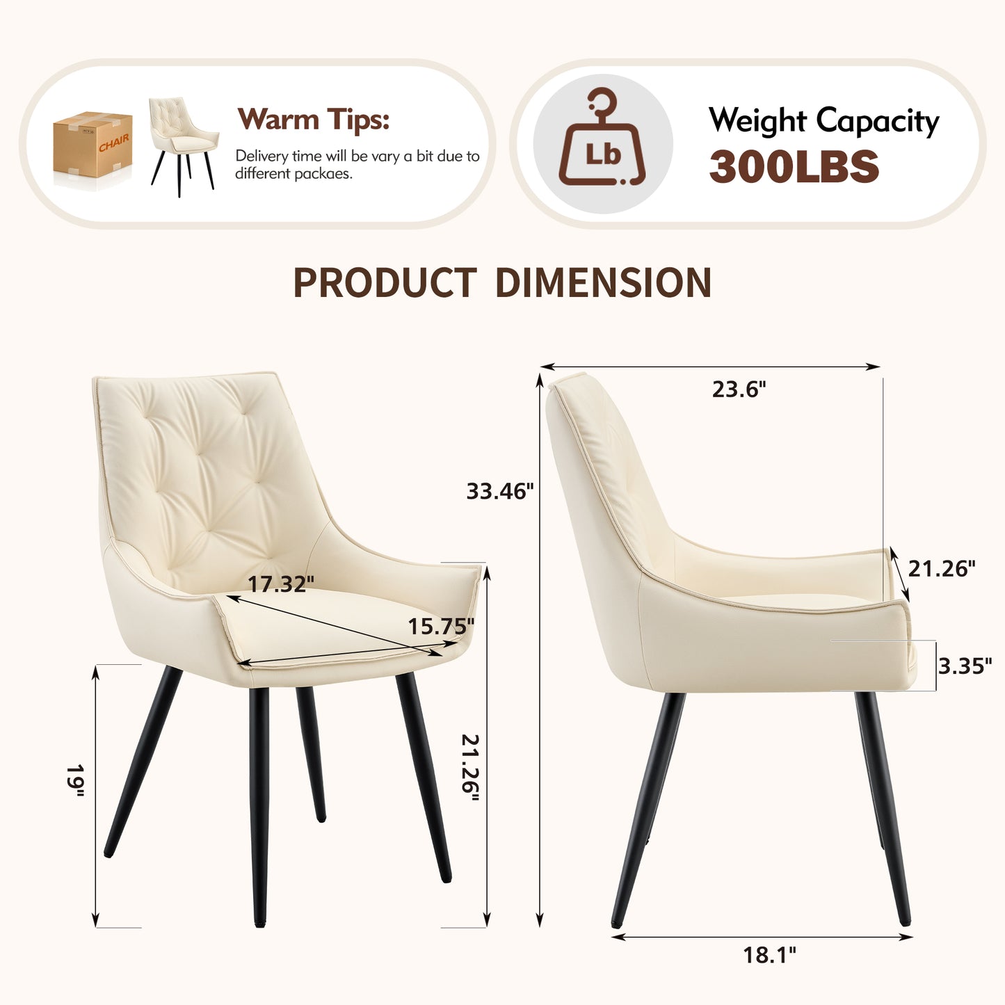 Dining Chairs Set of 2, Off White Faux Leather Dining Room Chair, Metal Kitchen Chairs with Gold Mesh Texture and Black Sanded Legs, Flat Back Upholstered Chair (Off White, Set of 2) image 3