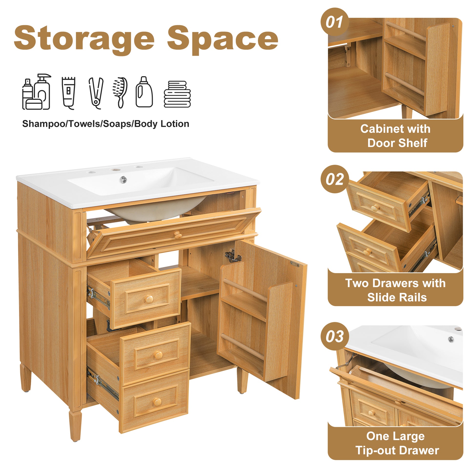 30" Bathroom Vanity with Sink, Wood Vanity Cabinet with Flip-Out Drawer, 2 Soft-Close Drawers, 1 Soft-Close Door, Solid Wood & MDF, Elegant Wood Handles image 7