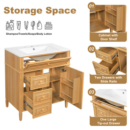 30" Bathroom Vanity with Sink, Wood Vanity Cabinet with Flip-Out Drawer, 2 Soft-Close Drawers, 1 Soft-Close Door, Solid Wood & MDF, Elegant Wood Handles image 7