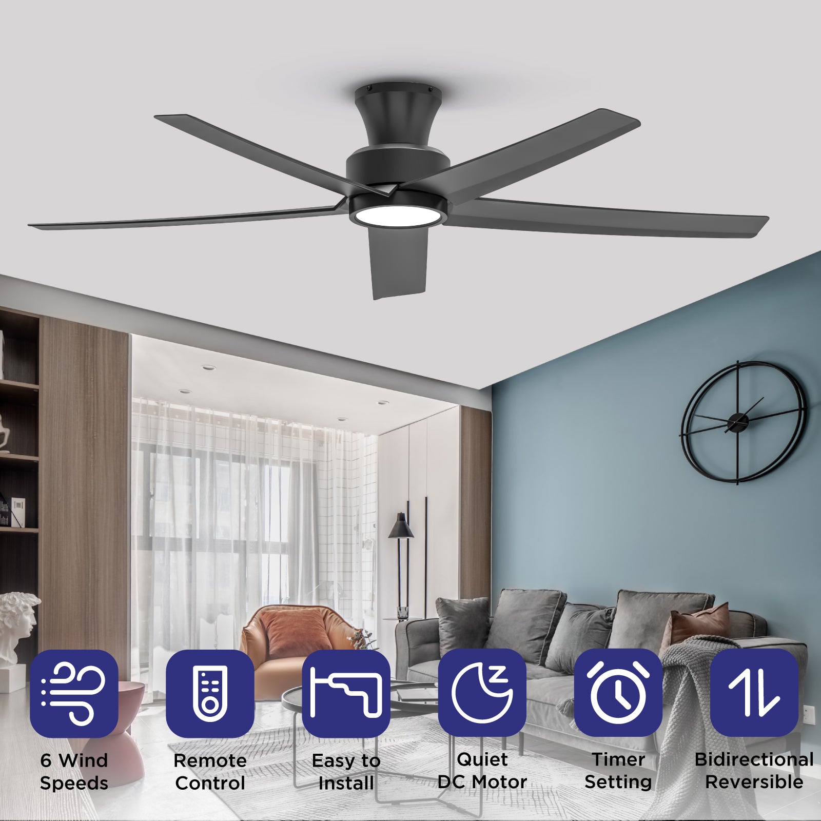 52 inch Ceiling Fans with Lights, Large Air Volume Ceiling Fans with Reversible Quiet DC Motor and Remote, 5X-W5 image 3