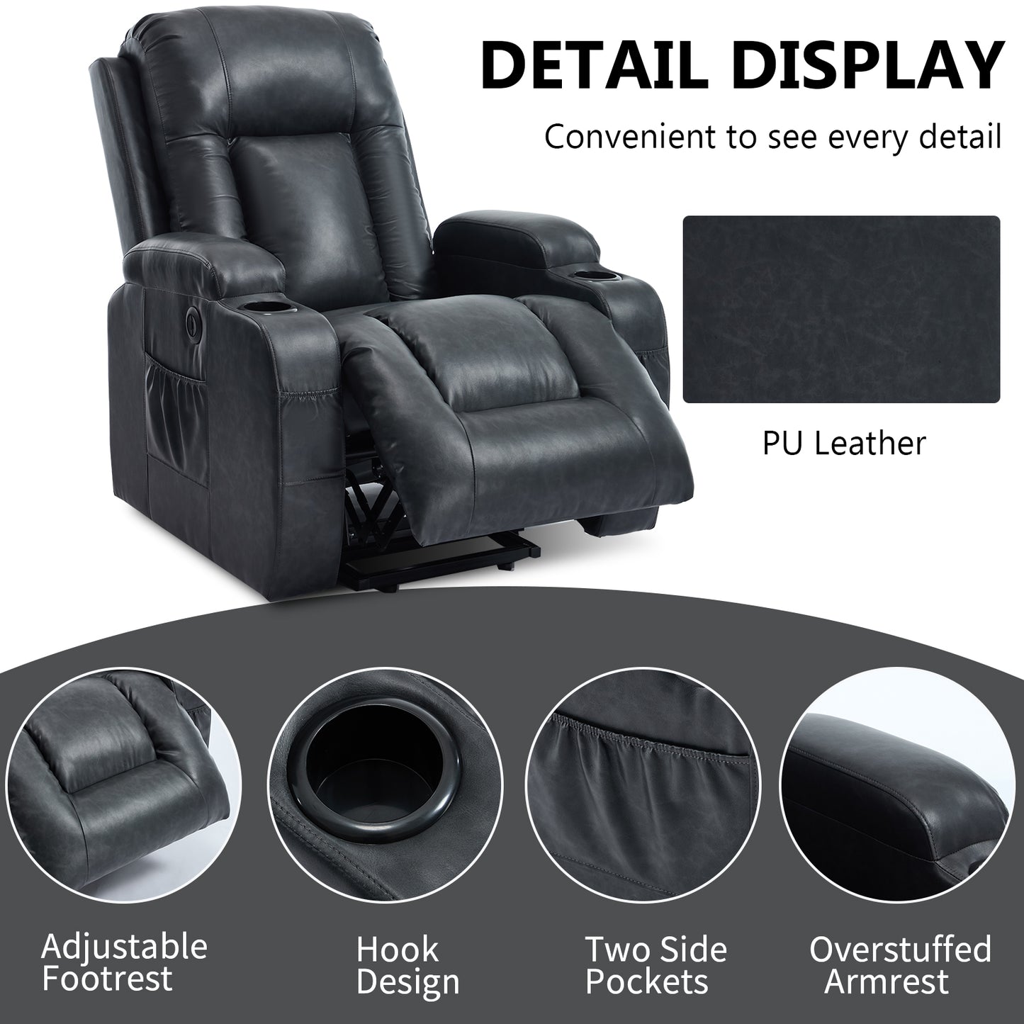 Dark Grey PU lInfinite Position Up to 350 LBS Power Lift Recliner Chair for Elderly, Heavy Duty Motion Mechanism with 8-Point Vibration Massage and Lumbar Heating, USB Charging Port, Cup Holders image 9