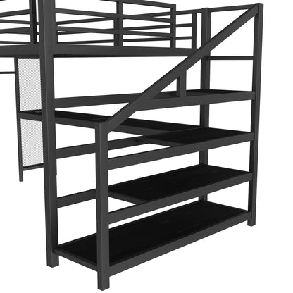 Queen Loft Bed with Desk and Storage Stairs, Metal Loft Beds with LED Lights, USB Ports, Multifunctional Iron Nets, No Spring Box Needed and Noise-free, Black image 10