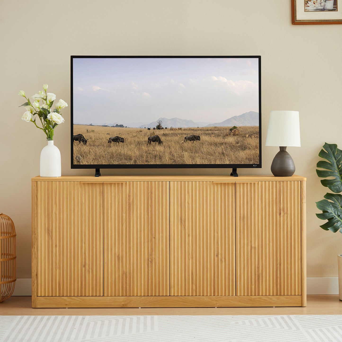 59-inch modern wavy sideboard, curved contour design storage cabinet, 4-door cabinet with storage function, suitable for kitchen/bedroom/living room, Natural, 59.0"L x 15.7"W x 27.7"H image 1