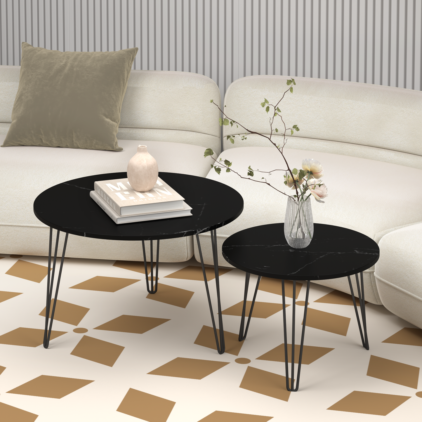 27.56'' Round Nesting Coffee Table Set of 2, Circular Nesting End Table Set, Round Marble Tabletop, and Sturdy Metal Base for Living Room, bedroom, Black image 10