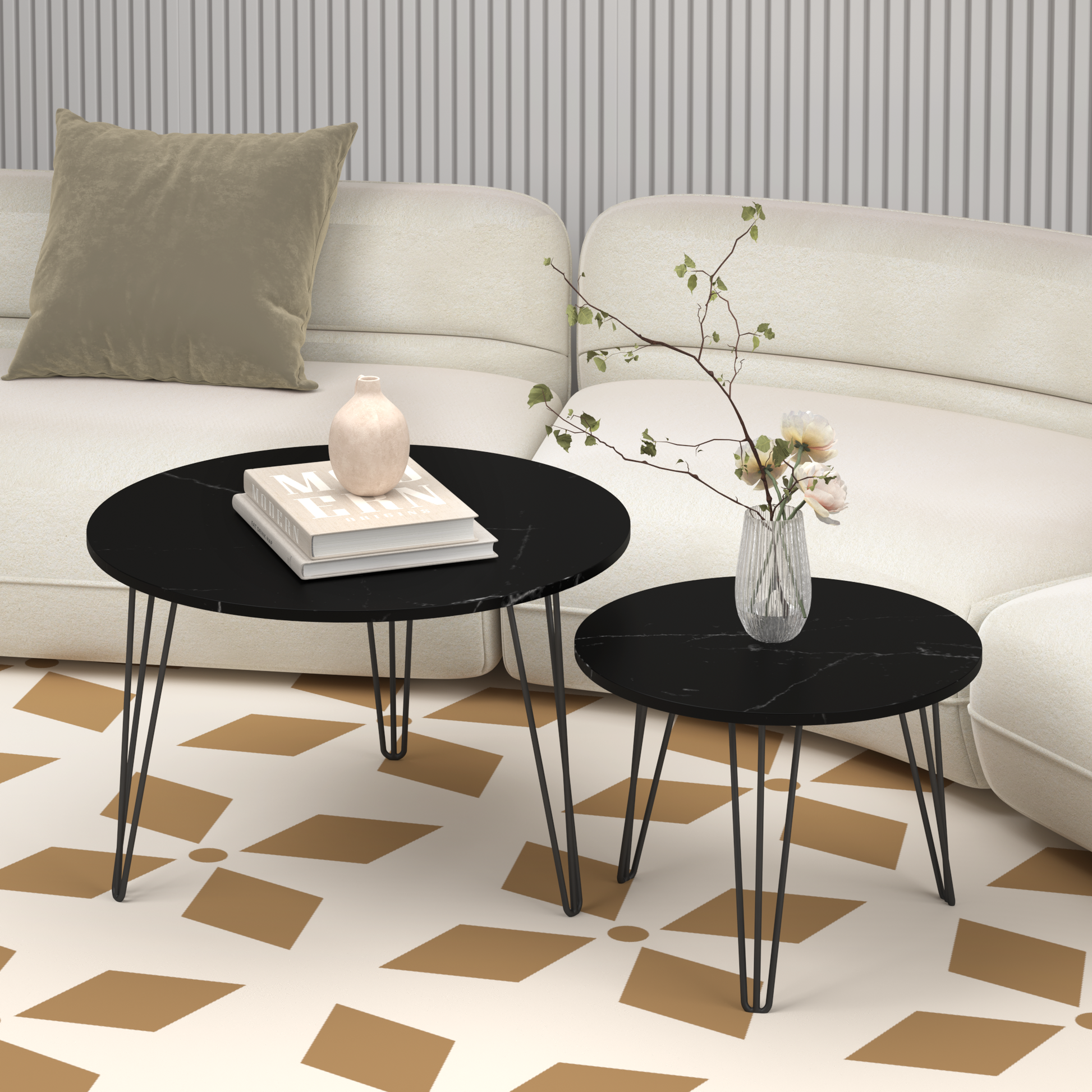 27.56'' Round Nesting Coffee Table Set of 2, Circular Nesting End Table Set, Round Marble Tabletop, and Sturdy Metal Base for Living Room, bedroom, Black image 10