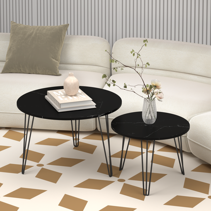 27.56'' Round Nesting Coffee Table Set of 2, Circular Nesting End Table Set, Round Marble Tabletop, and Sturdy Metal Base for Living Room, bedroom, Black image 10