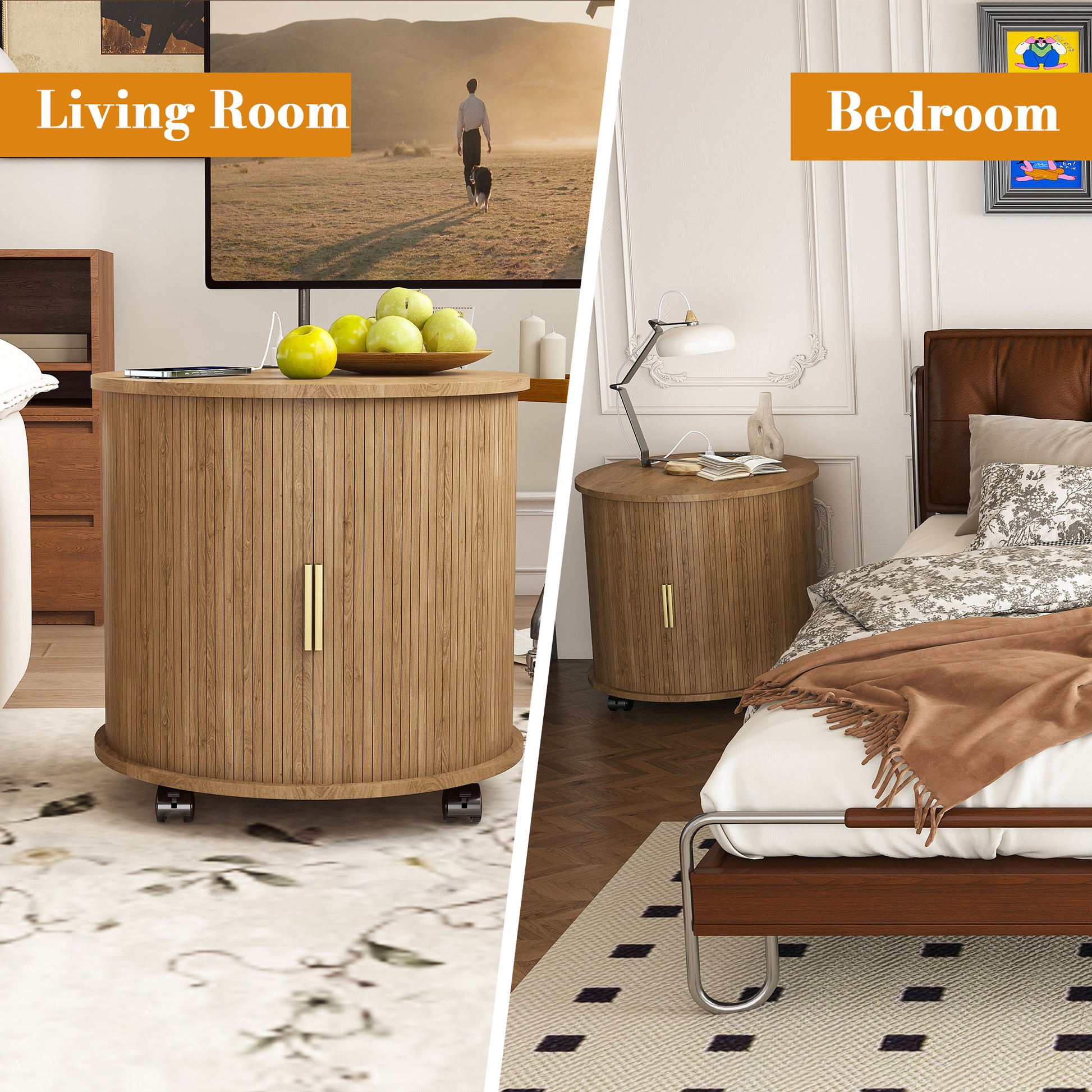 Set of2 Mid Century Modern Cylinder End Table with Built-in Charging Station & Sliding Door, 2-Tier Storage Round Nightstand with USB Ports, Osk Bedside Table for Living Room, Bedroom, Entryway image 4