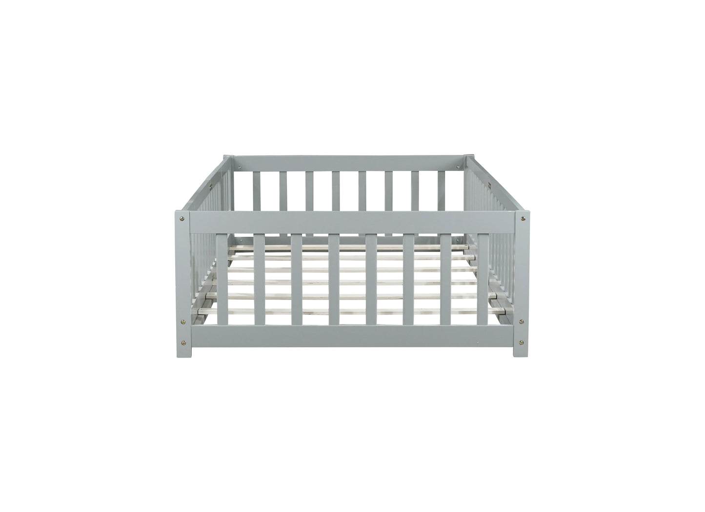 Twin Size Floor Bed with Fence and Door,Rubber Wood Floor Bed with Safety Guardrails,Grey (Old Sku W504P286372) image 7
