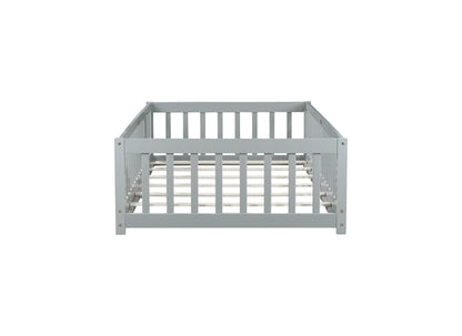 Twin Size Floor Bed with Fence and Door,Rubber Wood Floor Bed with Safety Guardrails,Grey (Old Sku W504P286372) image 7