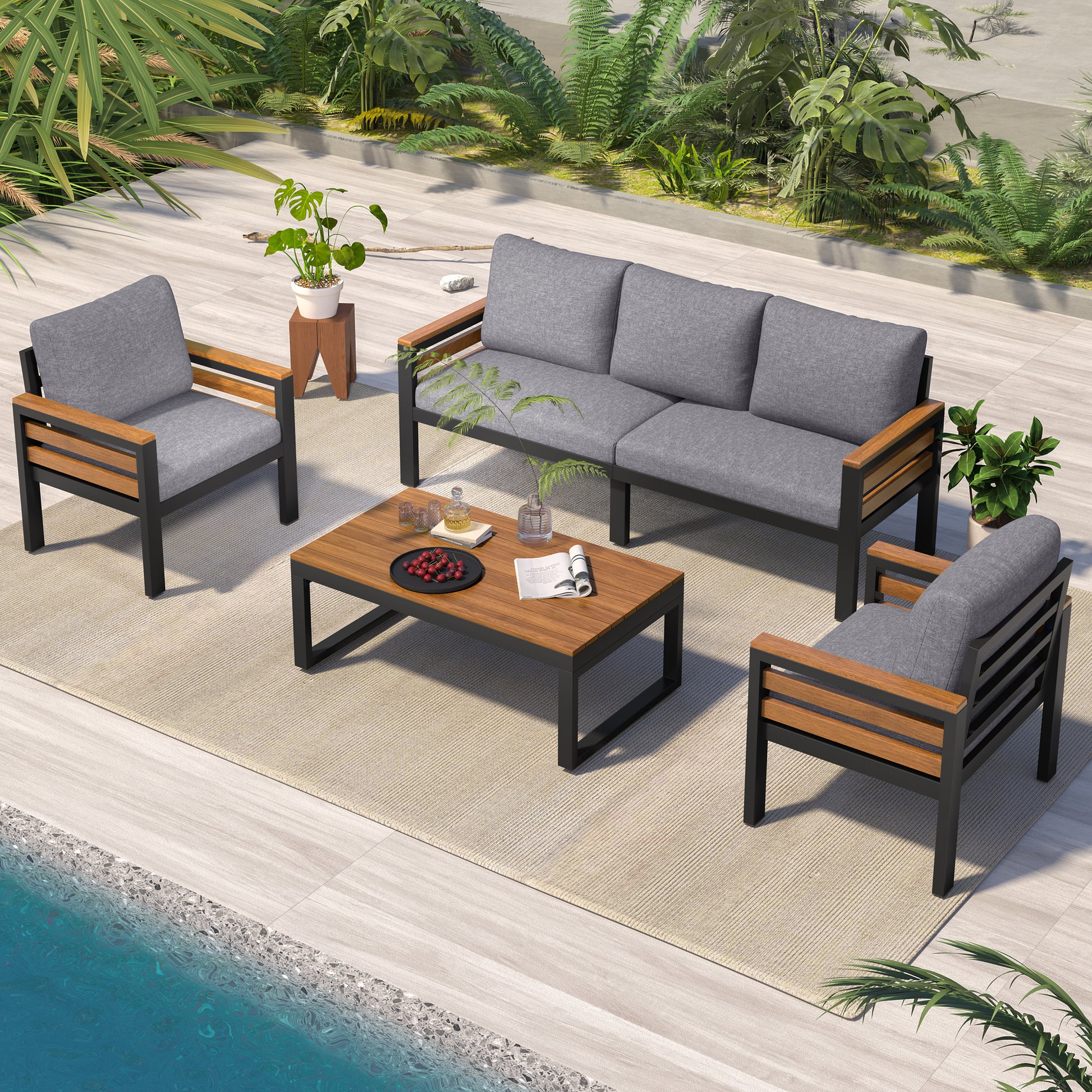 <Old SKU: N704G201246E> GO 4-Piece Outdoor Furniture Sofa Set for 5 People with Acacia Wood Armrests, Patio Conversation Set with Removable Cushion and Solid Wood Coffee Table for Garden, Grey image 2