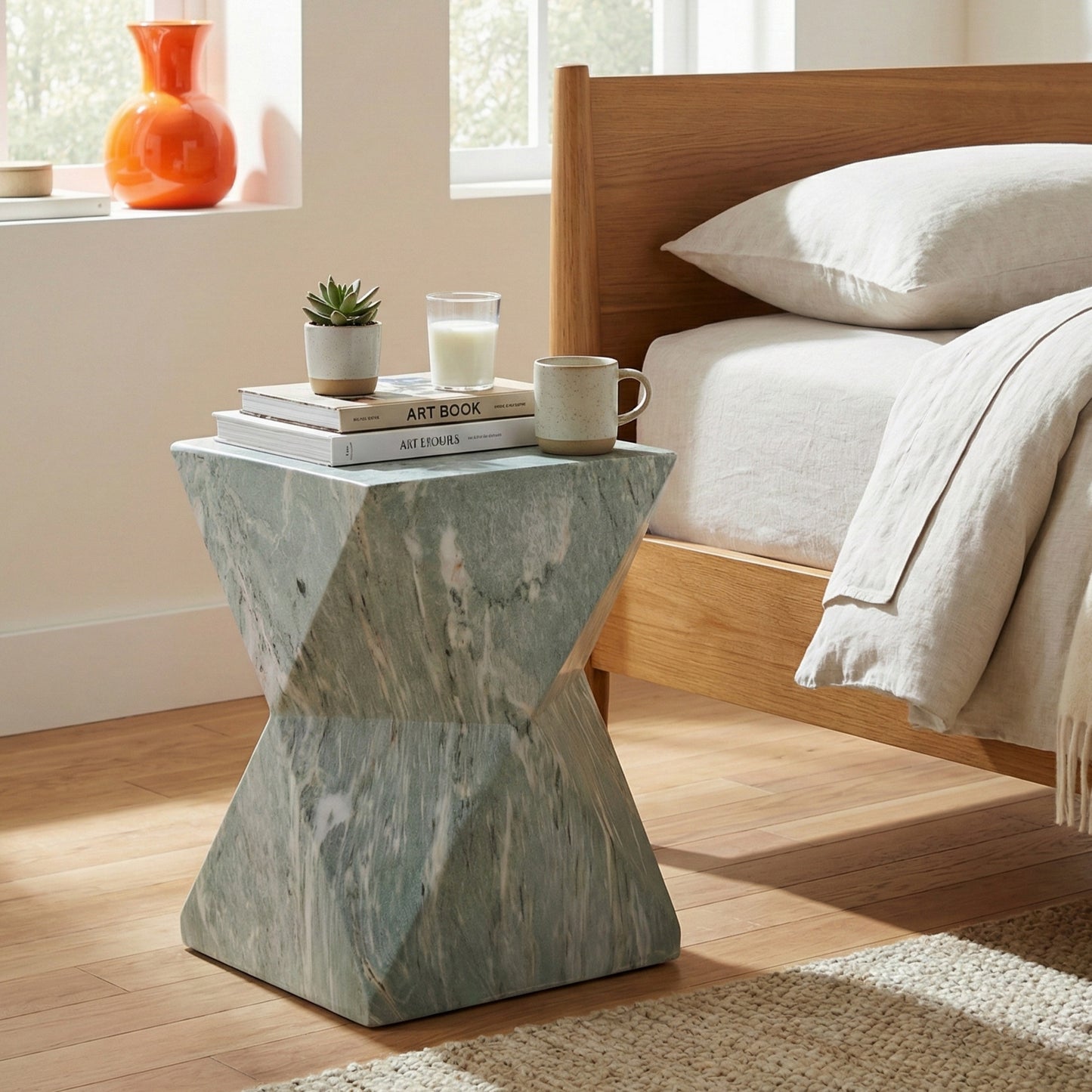 18.5"H Modern Geometric MGO Side Table, Hourglass Accent Table with Faux Marble Finish - Weather Resistant End Table for Indoor and Outdoor Use, Living Room, Bedroom & Patio, Green Marble image 2