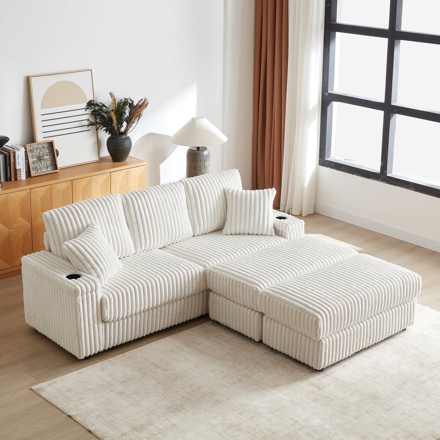 84Inch Corduroy 3-seater sofa With 3 back pillows,2 toss pillows, 2 ottoman,2 Footstool Storage and cup-holding grooves Comfy Sofa- Deep Seat Couch for Living Room image 1