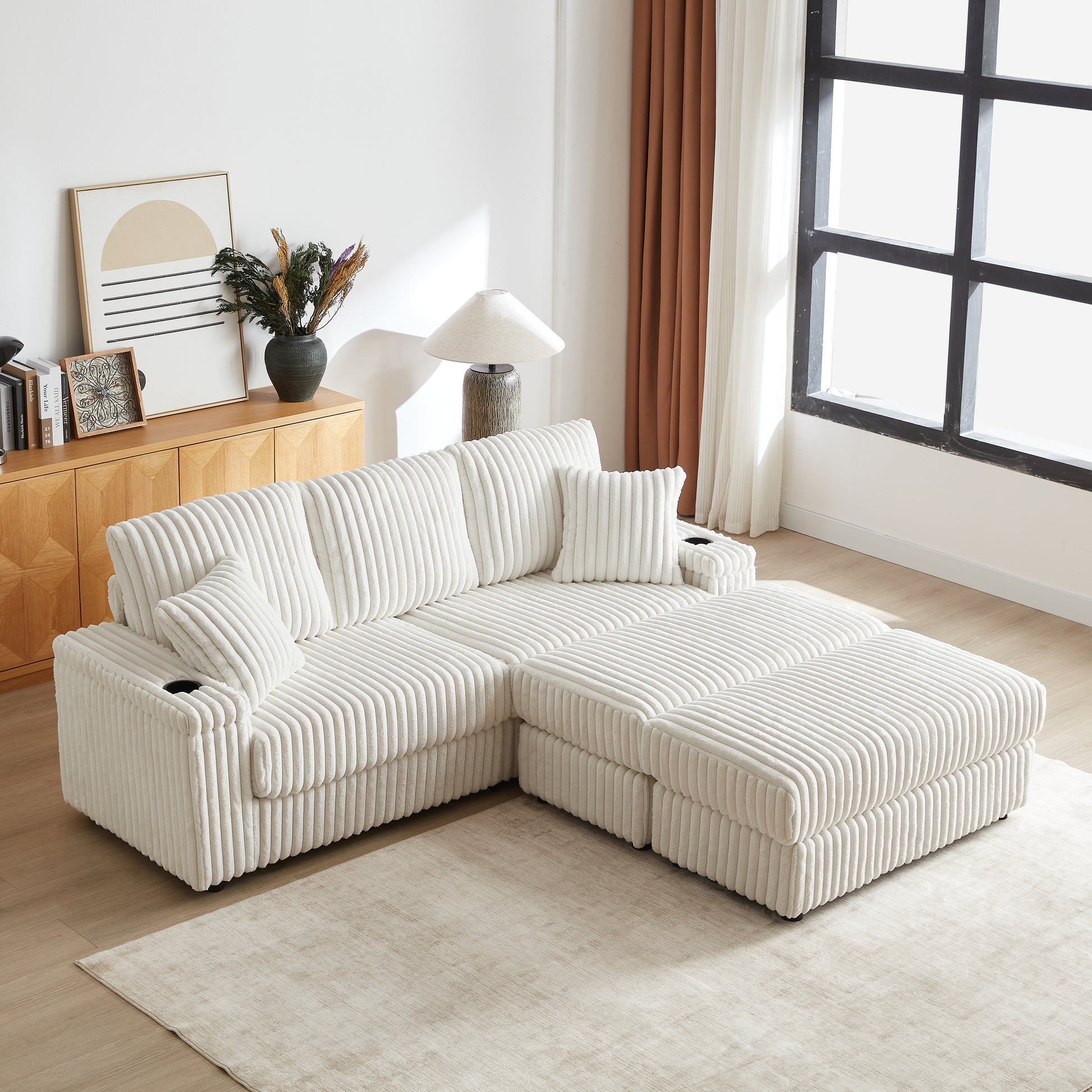 84Inch Corduroy 3-seater sofa With 3 back pillows,2 toss pillows, 2 ottoman,2 Footstool Storage and cup-holding grooves Comfy Sofa- Deep Seat Couch for Living Room image 1