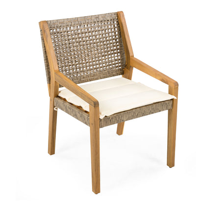 OUTDOOR DINING CHAIR SET-Acacia Wood and Wicker with Cream Cushion Patio Furniture-Teak finish & wicke Brown,Suitable for large gatherings-set of 4(N770P272397G(2-box)) image 7