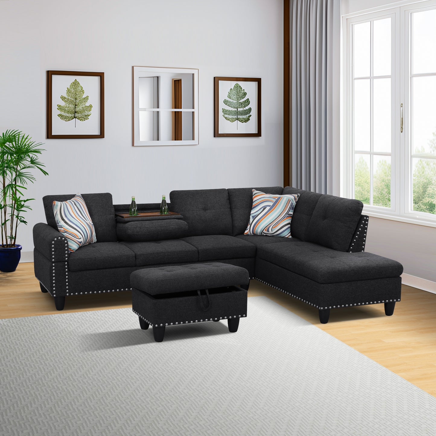 L shape Sectional Sofa Chair with cup holder - Black-Right image 1
