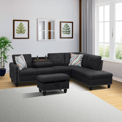 L shape Sectional Sofa Chair with cup holder - Black-Right image 1