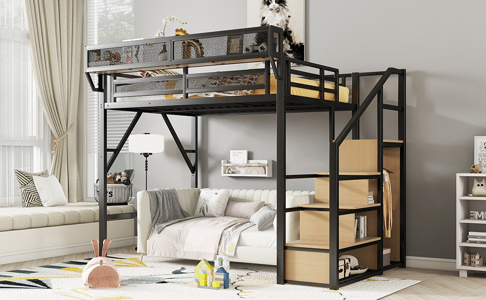 Full Size Loft Bed with Stairs, Metal Full Loft Bed with Storage Shelves, High Loft Bed with Wardrobe for Kids Teens, Black(Old SKU W2580S00029) Patent Products image 7