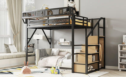 Full Size Loft Bed with Stairs, Metal Full Loft Bed with Storage Shelves, High Loft Bed with Wardrobe for Kids Teens, Black(Old SKU W2580S00029) Patent Products image 7