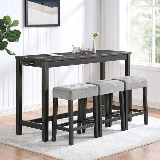 Bar Table Set with Power Outlet - Industrial 4 Piece Dining Set with Stools - Front View