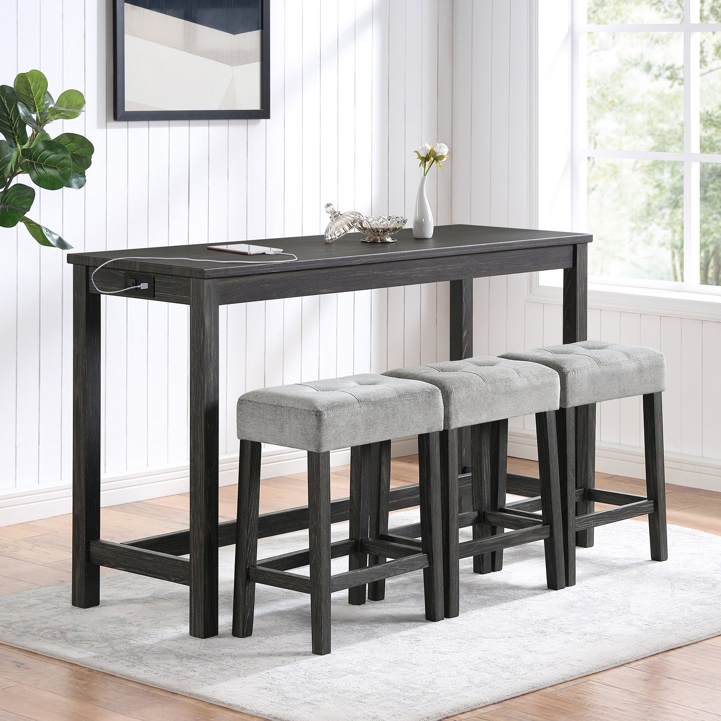 Bar Table Set with Power Outlet, Bar Table and Chairs Set, 4 Piece Dining Table Set, Industrial Breakfast Table Set, for Living Room, Dining Room, Game Room image 1