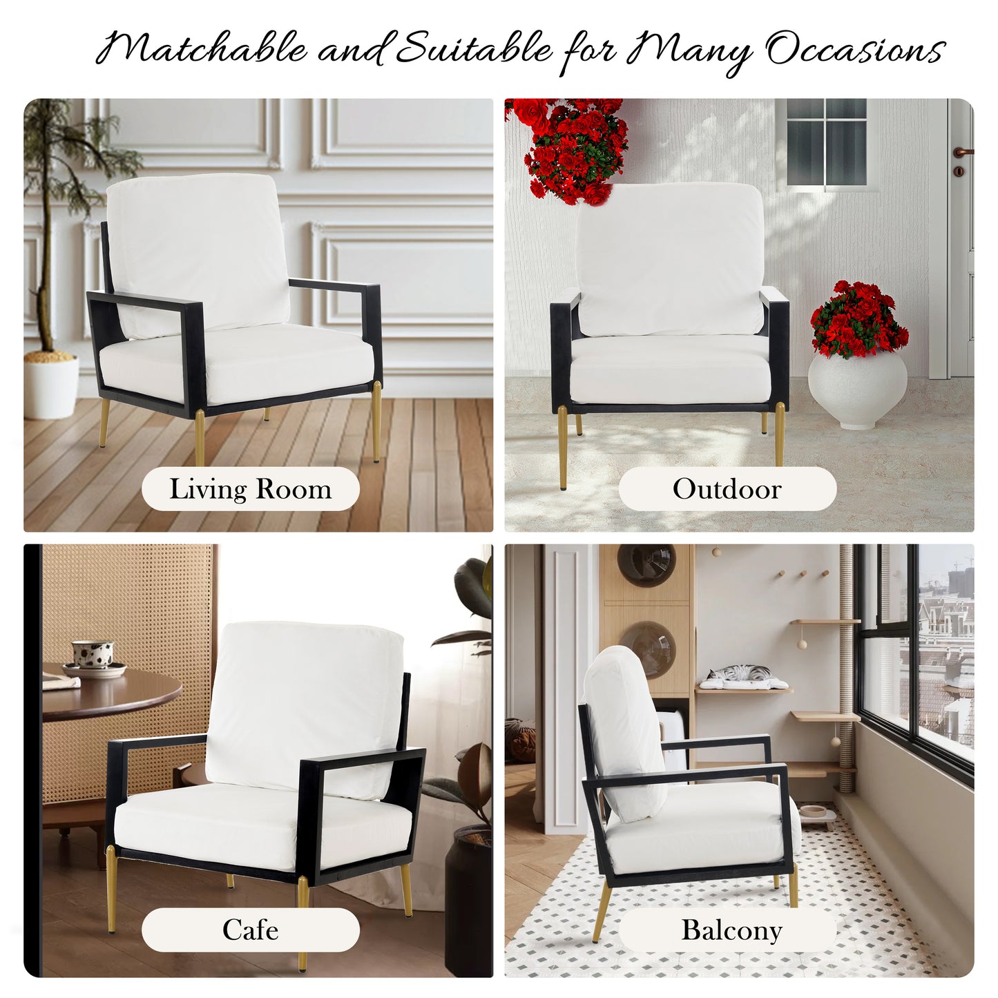 Upholstered Accent Chair, Velvet Lounge Arm Chair with Solid Wood Frame, Living Room Chairs with Metal Legs for Reading Chair for Balcony, Living Room and Bedroom, White image 5