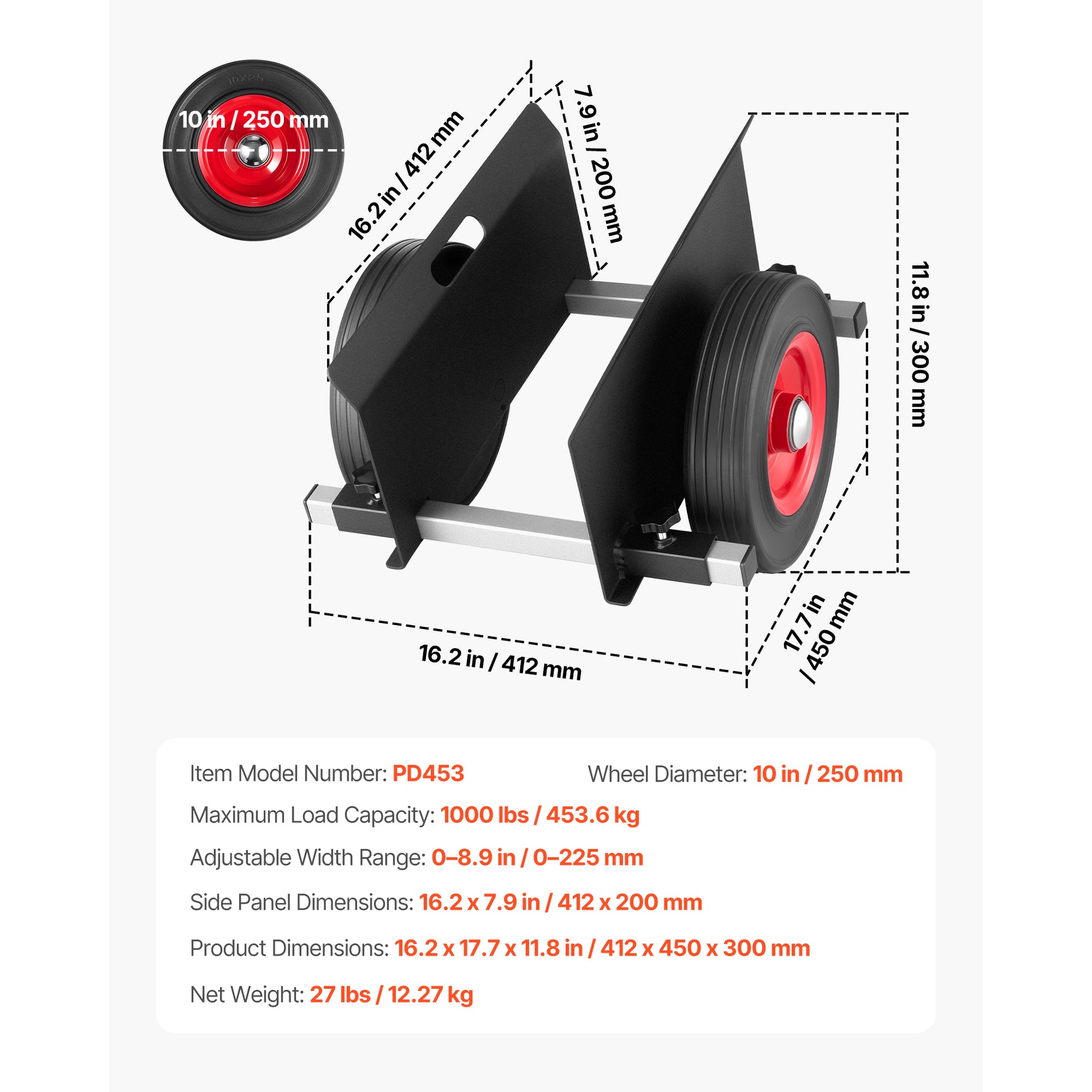 Panel Dolly, 1000 lbs Load Capacity, Drywall Mover with 10 Inch Rubber Wheels Fits Different Terrain, Adjustable Clamp Panel Cart for Steel Panels, Mattress, Doors and Drywall Sheet, Black image 7