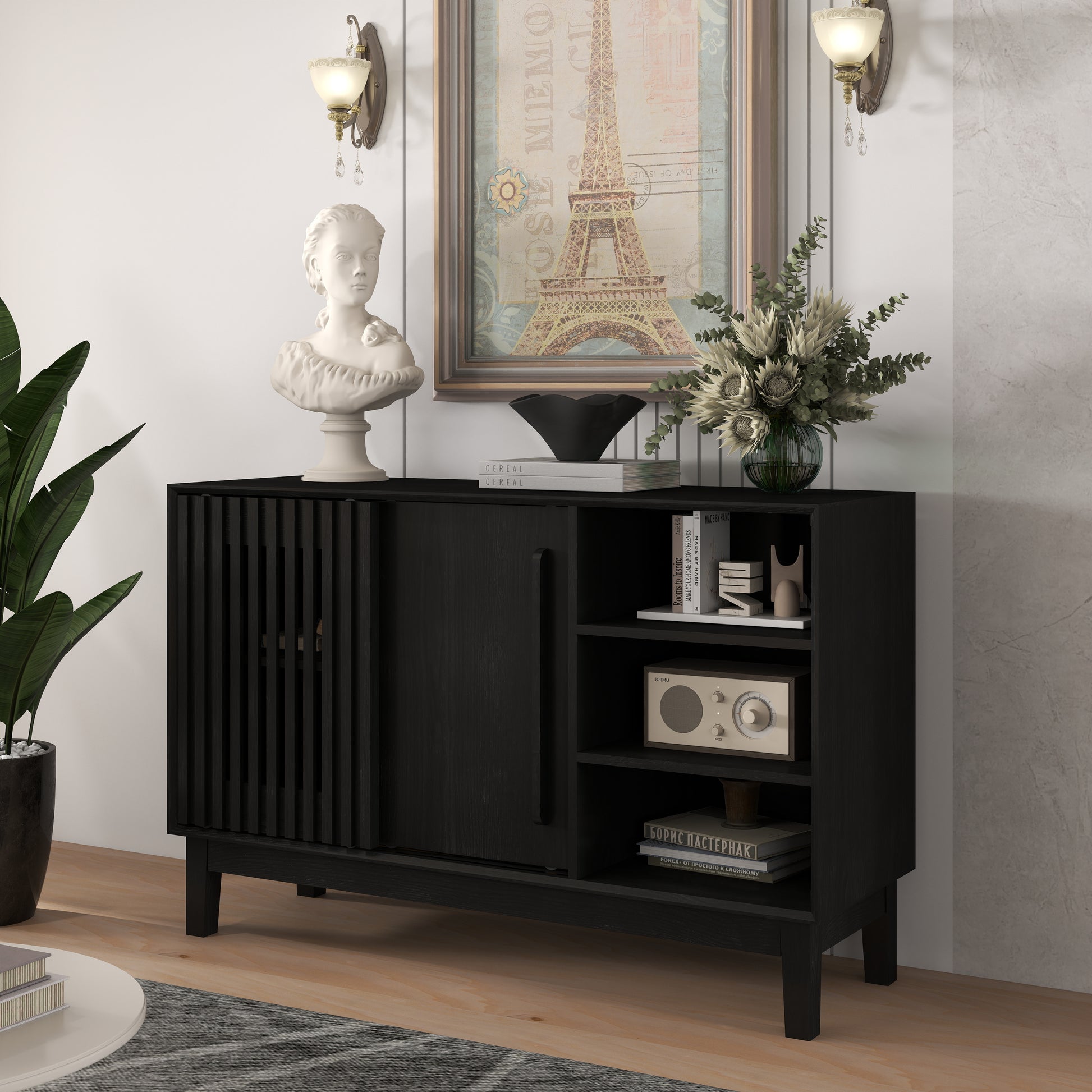47.3" Sideboard Buffet Cabinet with Storage, Farmhouse Fluted Sideboard with 2 Doors & Solid Wood Feet, TV Media Console, Storage Cabinet for Kitchen Dining Living Room Entryway Hallway, Black image 8