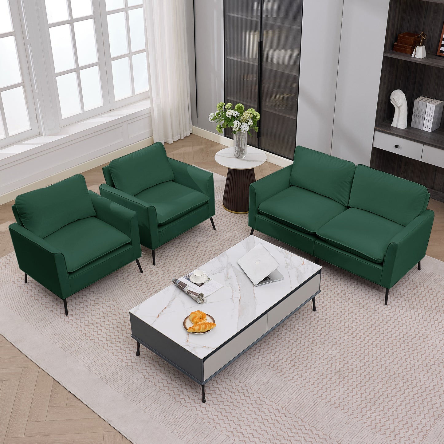 TS Cat paw leather upholstered sofa loveseat,Nordic retro light luxury living room balcony bedroom single casual sofa chair Double sofa + two pack combination(Green) image 7